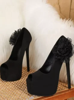 Escarpins noirs sexy à plateforme pour femmes bout ouvert talons hauts et détails floraux