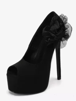Escarpins noirs sexy à plateforme pour femmes bout ouvert talons hauts et détails floraux