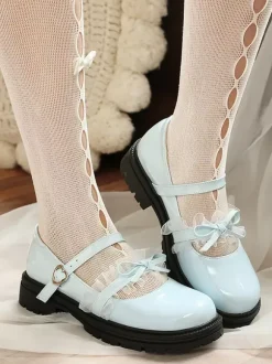 Escarpins plats Lolita en cuir PU bout rond lacets bleus et n艙uds