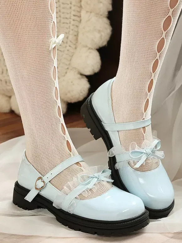 Escarpins plats Lolita en cuir PU bout rond lacets bleus et n艙uds