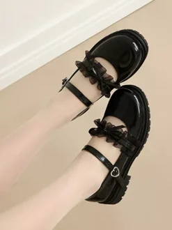 Escarpins plats Lolita en cuir PU bout rond lacets bleus et n艙uds
