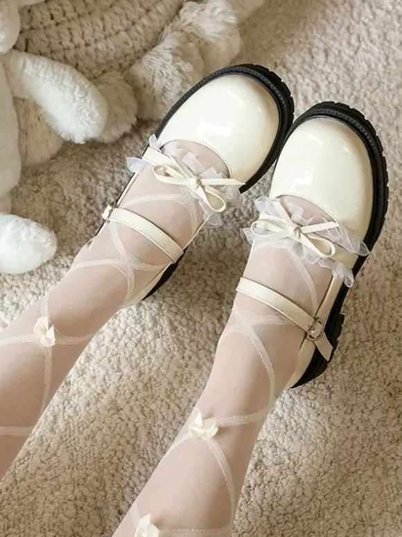 Escarpins plats Lolita en cuir PU bout rond lacets bleus et n艙uds