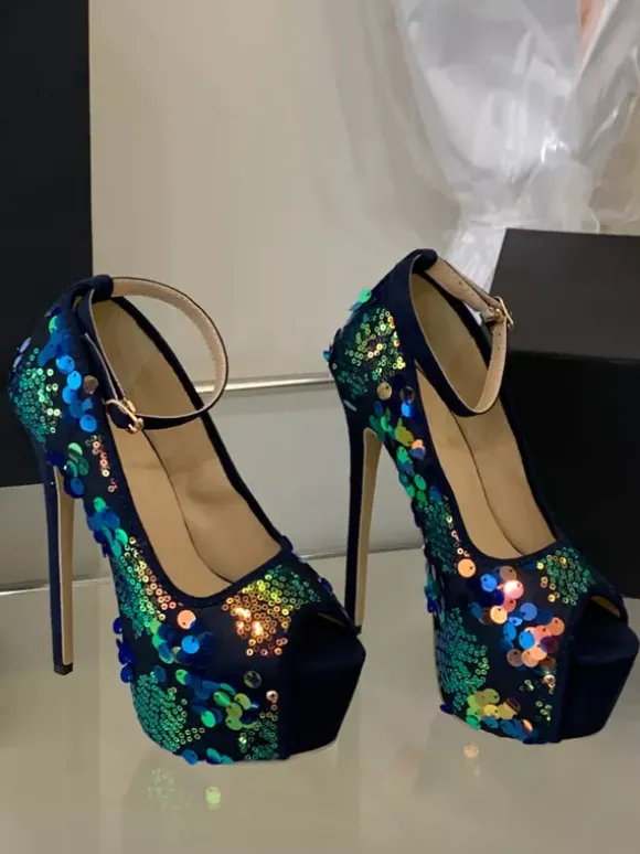 Escarpins sexy à paillettes plateforme bout ouvert bride cheville talons hauts