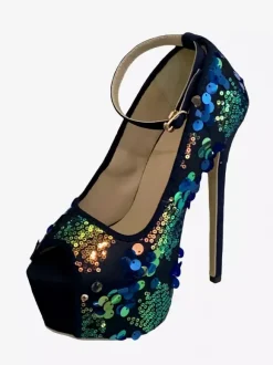 Escarpins sexy à paillettes plateforme bout ouvert bride cheville talons hauts
