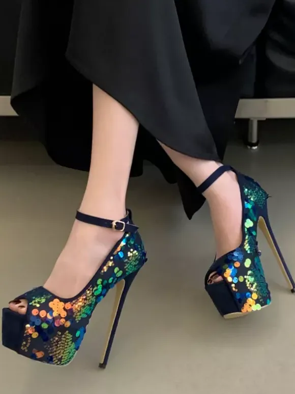 Escarpins sexy à paillettes plateforme bout ouvert bride cheville talons hauts