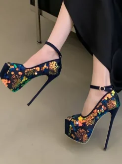 Escarpins sexy à paillettes plateforme bout ouvert bride cheville talons hauts