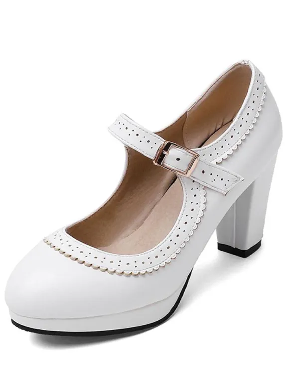 escarpins vintage femme ivoire en PU talon épais boucle réglable