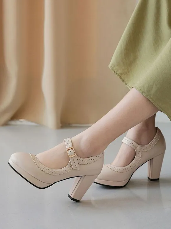 escarpins vintage femme ivoire en PU talon épais boucle réglable