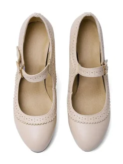 escarpins vintage femme ivoire en PU talon épais boucle réglable