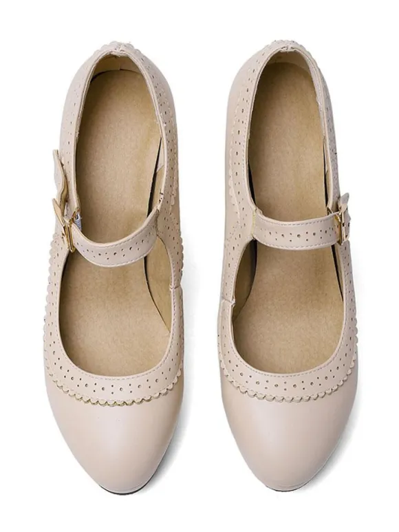 escarpins vintage femme ivoire en PU talon épais boucle réglable