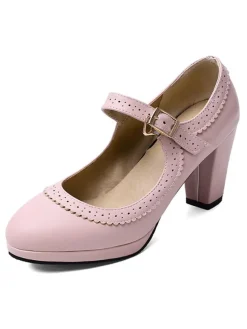 escarpins vintage femme ivoire en PU talon épais boucle réglable