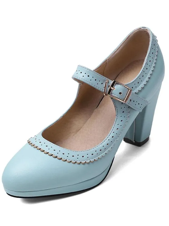 escarpins vintage femme ivoire en PU talon épais boucle réglable