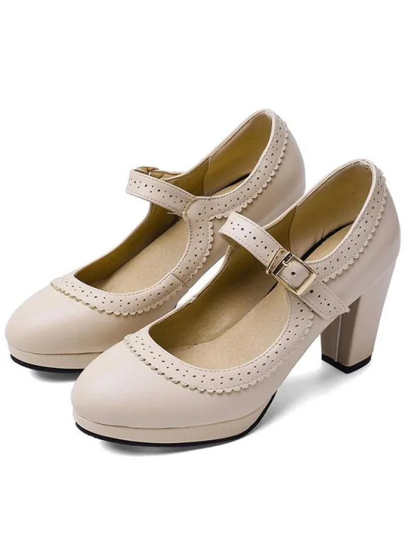 escarpins vintage femme ivoire en PU talon épais boucle réglable