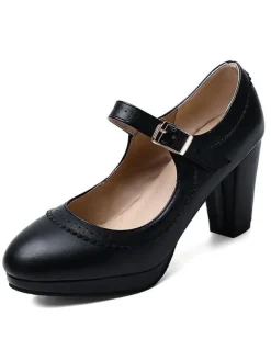 escarpins vintage femme ivoire en PU talon épais boucle réglable