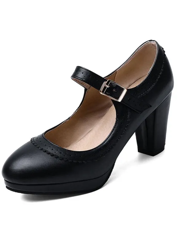 escarpins vintage femme ivoire en PU talon épais boucle réglable