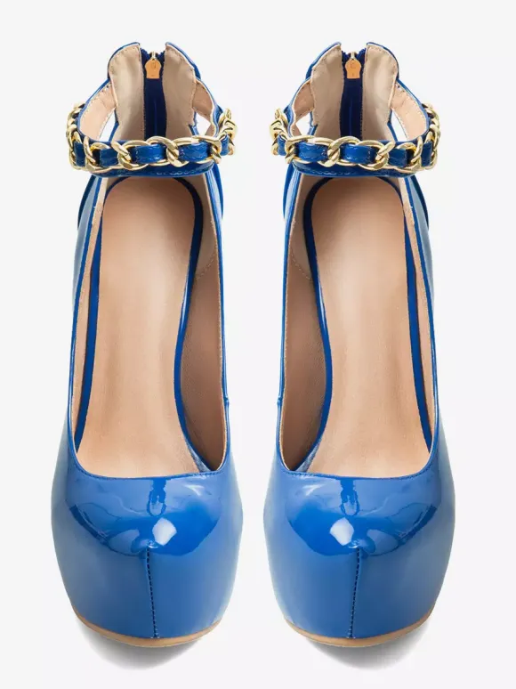 Escarpins bleus sexy à plateforme pour femmes bout rond talon aiguille et bride cheville