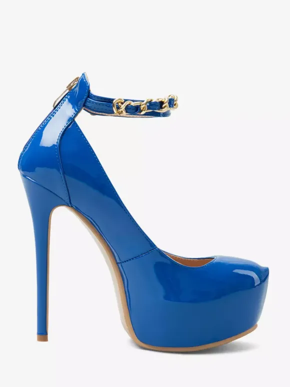 Escarpins bleus sexy à plateforme pour femmes bout rond talon aiguille et bride cheville
