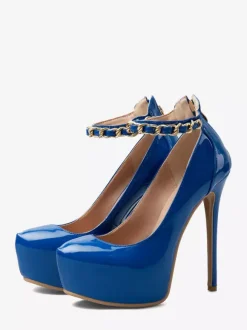 Escarpins bleus sexy à plateforme pour femmes bout rond talon aiguille et bride cheville