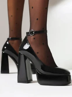 Escarpins à bout rond pour femmes Talons hauts Talon épais Tige en PU verni