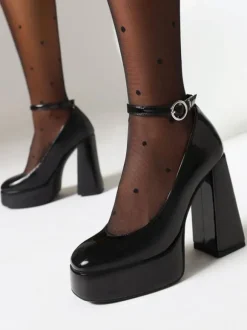 Escarpins à bout rond pour femmes Talons hauts Talon épais Tige en PU verni