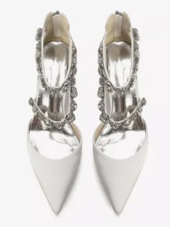 Escarpins de mariée en satin à bout pointu strass et brides talons compensés