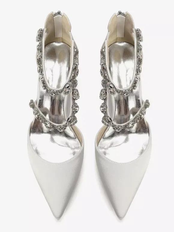 Escarpins de mariée en satin à bout pointu strass et brides talons compensés