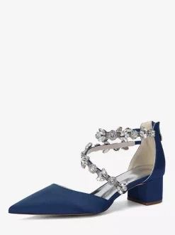 Escarpins de mariée en satin à bout pointu strass et brides talons compensés