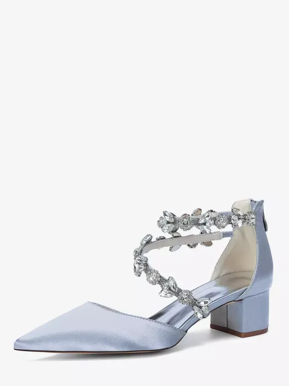 Escarpins de mariée en satin à bout pointu strass et brides talons compensés