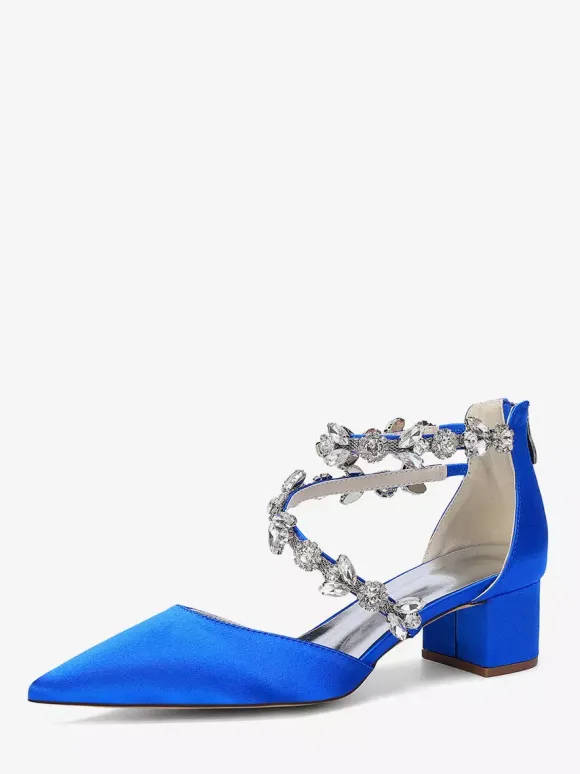 Escarpins de mariée en satin à bout pointu strass et brides talons compensés