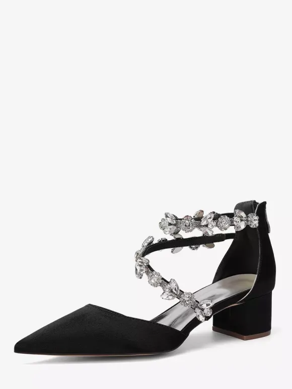 Escarpins de mariée en satin à bout pointu strass et brides talons compensés