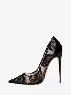 Escarpins De Mariée Transparentes En Dentelle Noire Talons Aiguilles Bout Pointu