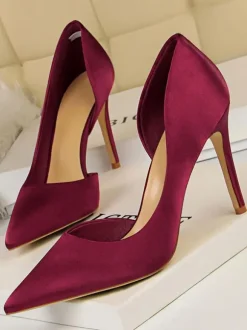 Escarpins en Satin Talons Hautes Fins Aiguilles Femmes avec Bout Pointu à Cuir Synthétique Unicolore