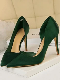 Escarpins en Satin Talons Hautes Fins Aiguilles Femmes avec Bout Pointu à Cuir Synthétique Unicolore