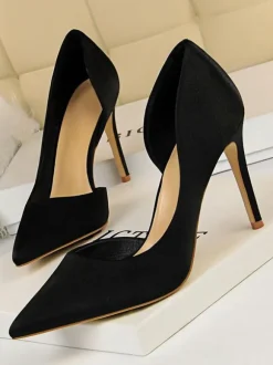 Escarpins en Satin Talons Hautes Fins Aiguilles Femmes avec Bout Pointu à Cuir Synthétique Unicolore