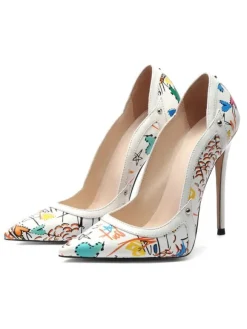Escarpins femme talon haut bout pointu imprimerie blanche en PU