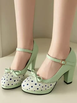 Escarpins Lolita classiques à talons compensés en cuir PU vert clair avec n艙uds