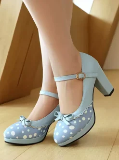 Escarpins Lolita classiques à talons compensés en cuir PU vert clair avec n艙uds