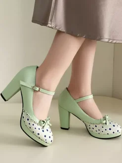 Escarpins Lolita classiques à talons compensés en cuir PU vert clair avec n艙uds