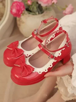Escarpins Lolita en cuir PU à bout rond et n艙uds blancs