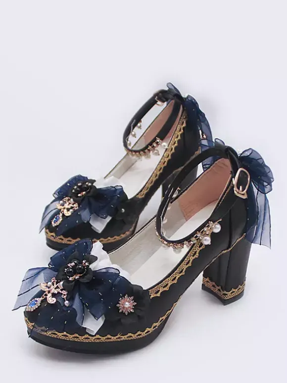 Escarpins Lolita gothiques à n艙uds bleu foncé bout pointu en cuir PU.