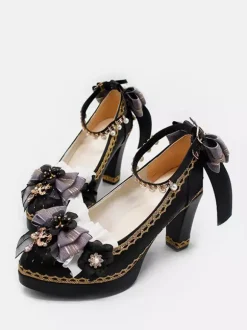 Escarpins Lolita gothiques à n艙uds bleu foncé bout pointu en cuir PU.