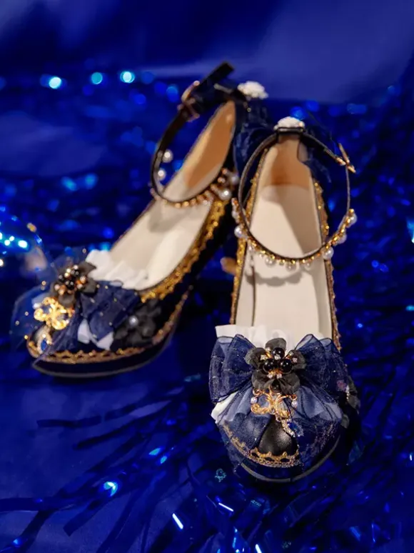 Escarpins Lolita gothiques à n艙uds bleu foncé bout pointu en cuir PU.