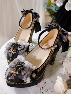 Escarpins Lolita gothiques à n艙uds bleu foncé bout pointu en cuir PU.