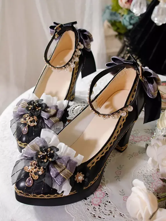 Escarpins Lolita gothiques à n艙uds bleu foncé bout pointu en cuir PU.