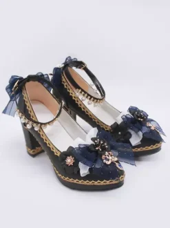 Escarpins Lolita gothiques à n艙uds bleu foncé bout pointu en cuir PU.