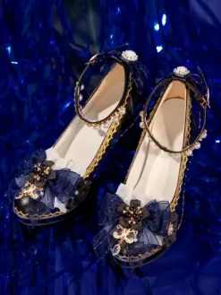 Escarpins Lolita gothiques à n艙uds bleu foncé bout pointu en cuir PU.