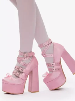 Escarpins Lolita rose clair style Y2K à brides croisées et boucles talons compensés en satin