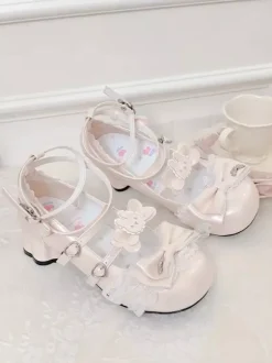 Escarpins Lolita Sweet blanc écru n艙uds bride cheville talon compensé en cuir PU.