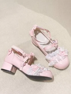 Escarpins Lolita Sweet bout rond bout en cuir PU talon compensé n艙uds roses