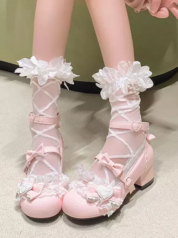 Escarpins Lolita Sweet bout rond bout en cuir PU talon compensé n艙uds roses